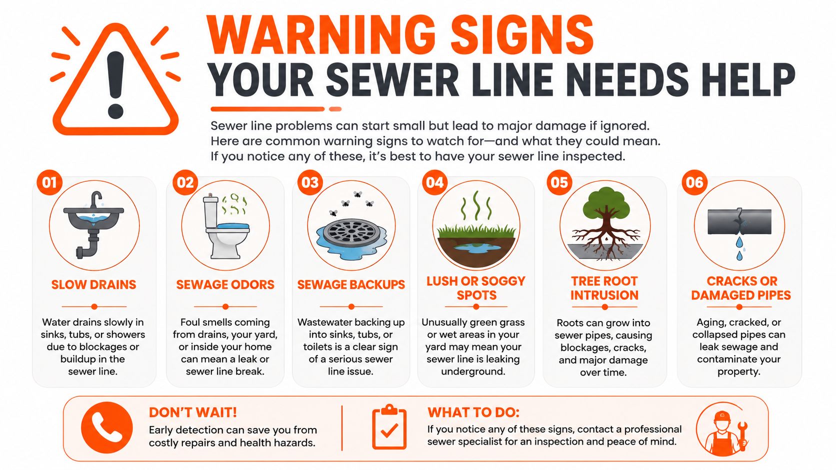 An infographic showing six warning signs that your residential sewer line needs professional inspection and repair services.