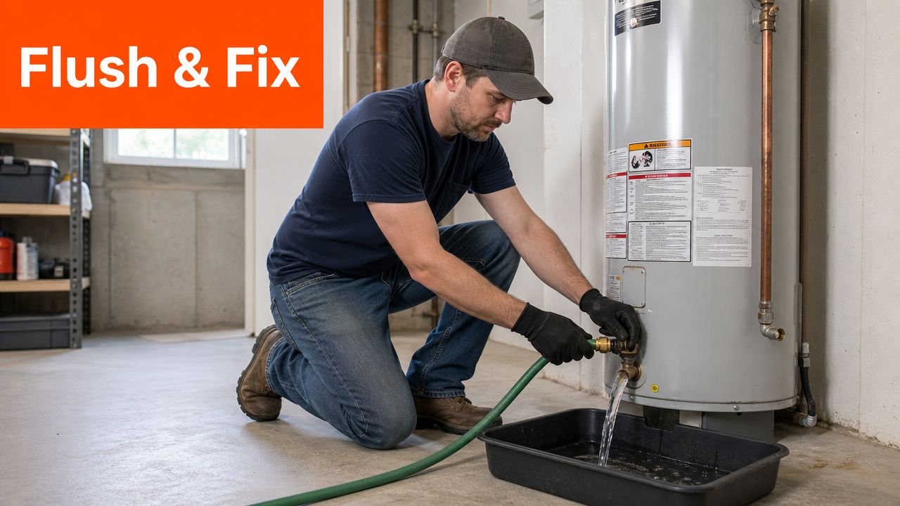 A professional technician wearing gloves flushes a residential water heater by draining water into a plastic basin.