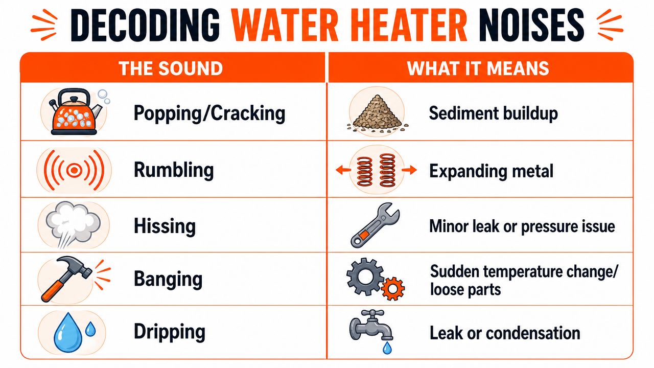 A chart titled Decoding Water Heater Noises, illustrating common sounds like popping, rumbling, hissing, banging, and dripping.