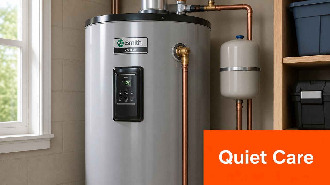 An A.O. Smith Signature water heater unit installed in a utility room next to a small expansion tank.