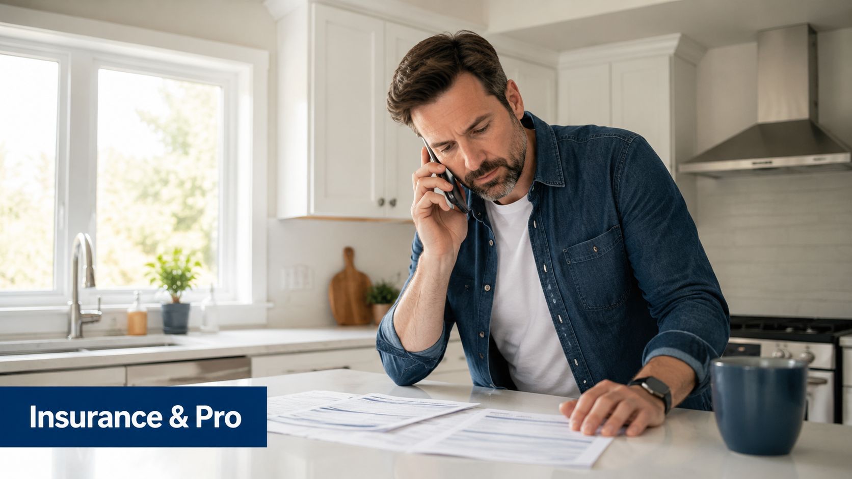 A middle-aged man reviewing home insurance documents while talking on a smartphone in his kitchen.