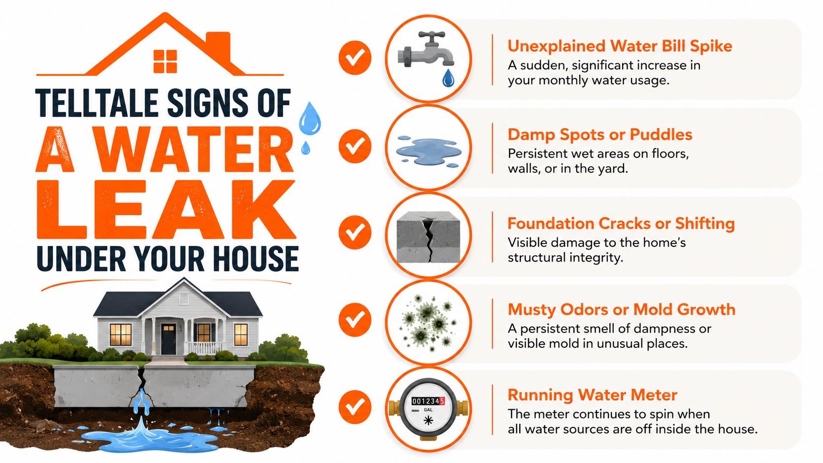 An infographic showing five signs of a water leak under a house including high bills and mold.
