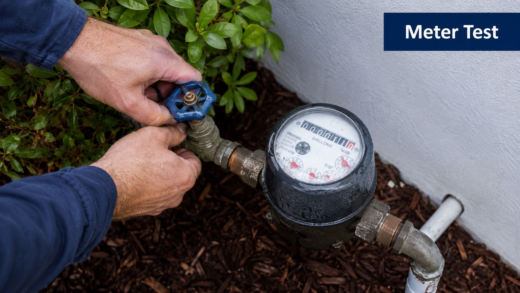 A technician closes a residential water meter valve to perform a leak check outdoors.