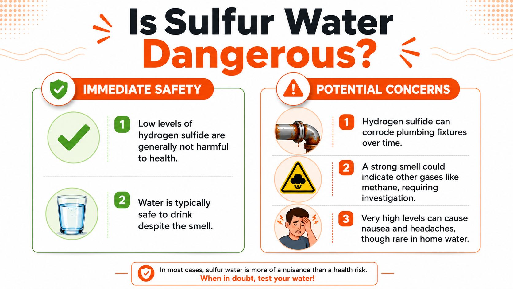 An infographic titled Is Sulfur Water Dangerous explaining safety concerns and health risks of hydrogen sulfide.