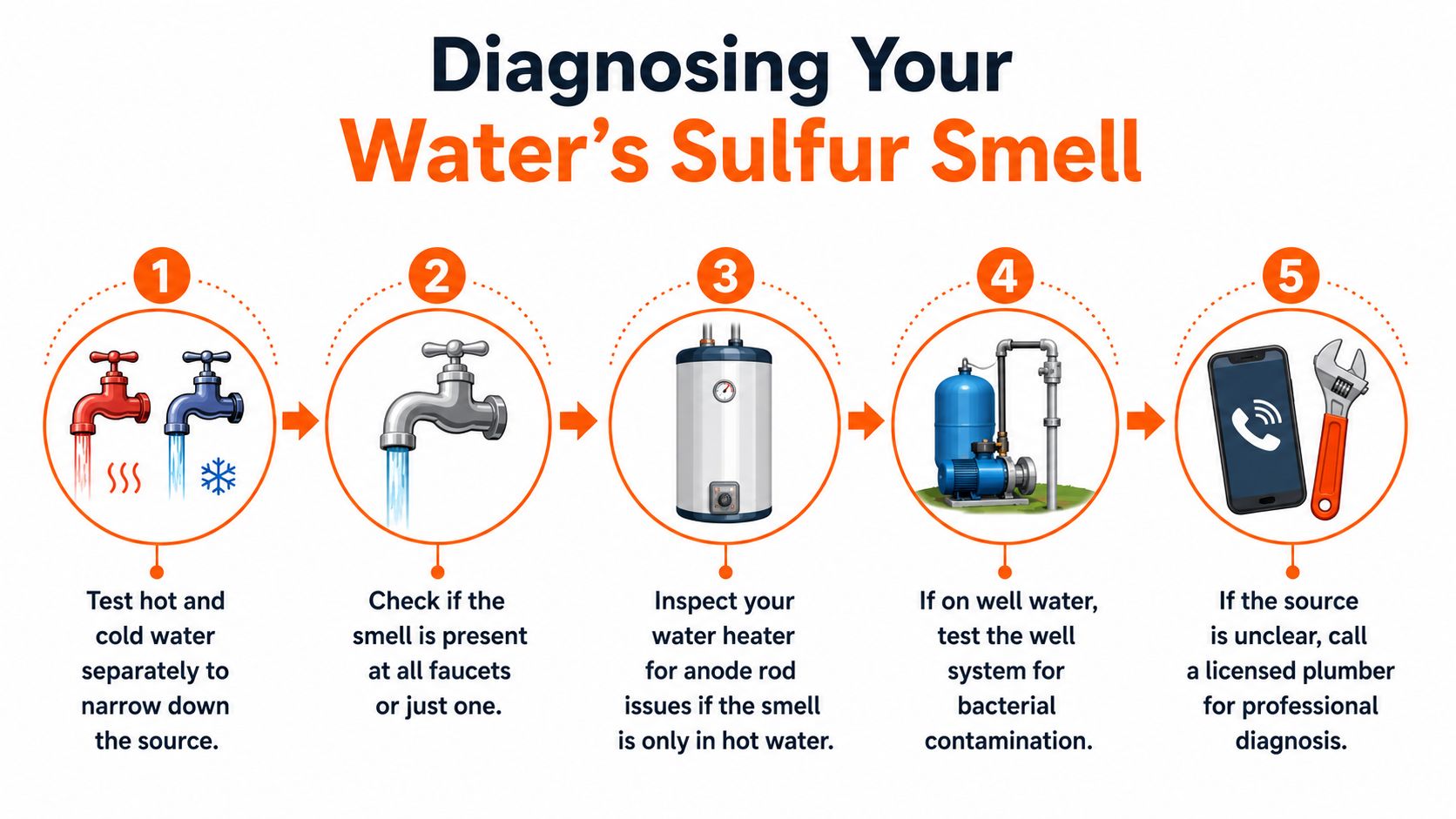 A step-by-step infographic titled Diagnosing Your Water's Sulfur Smell, illustrating five steps to identify the problem.