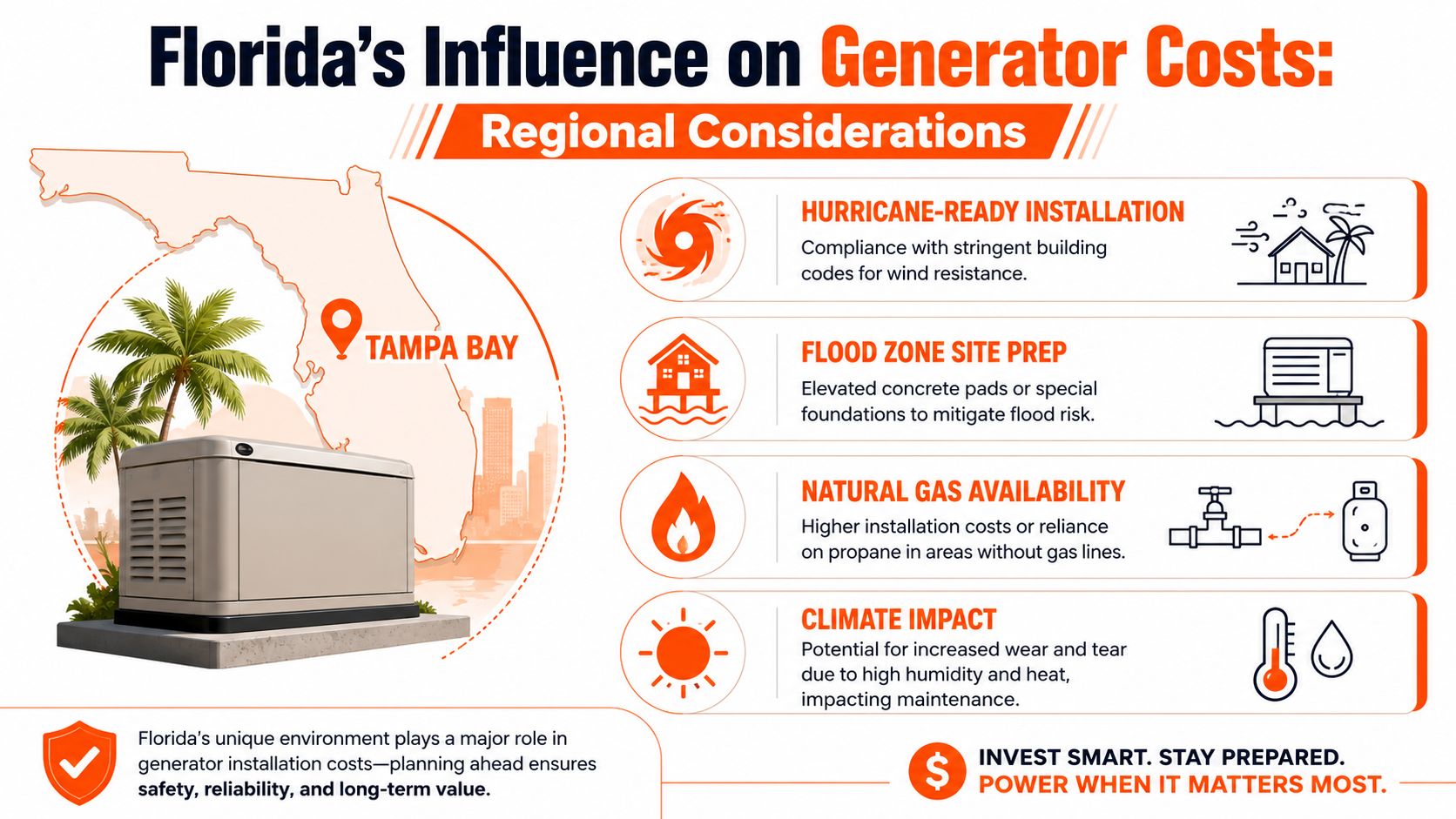 An infographic illustrating how Florida environmental factors impact the costs of whole house generator installation.