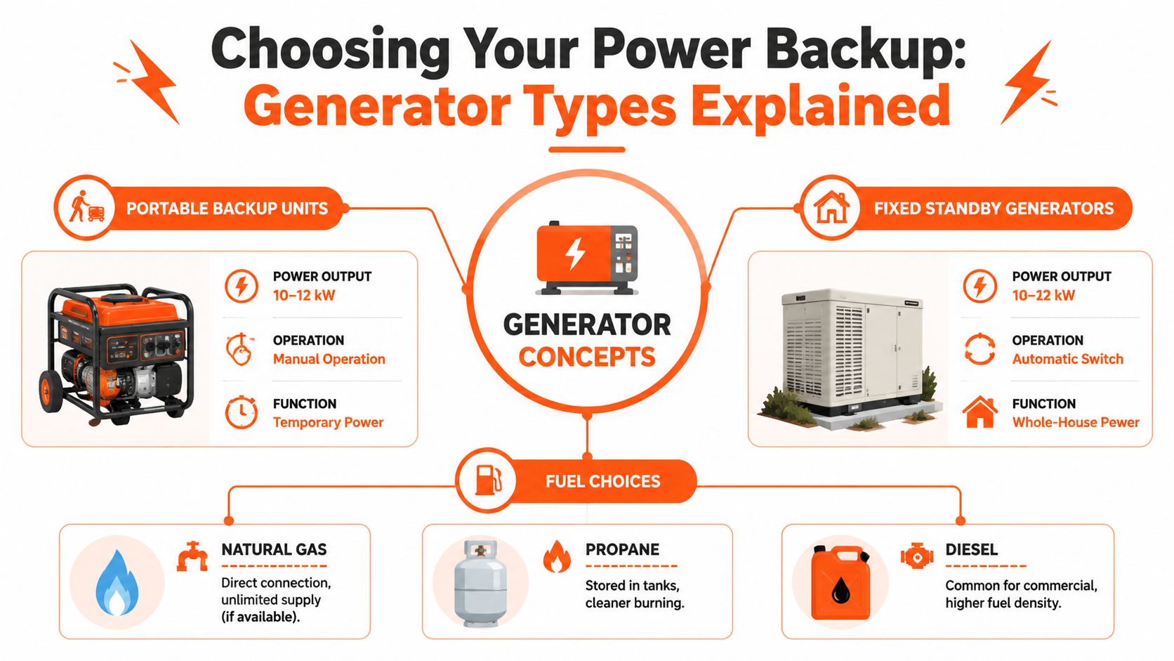 An infographic comparing portable backup units and fixed standby generators, highlighting their power, operation, and fuel types.